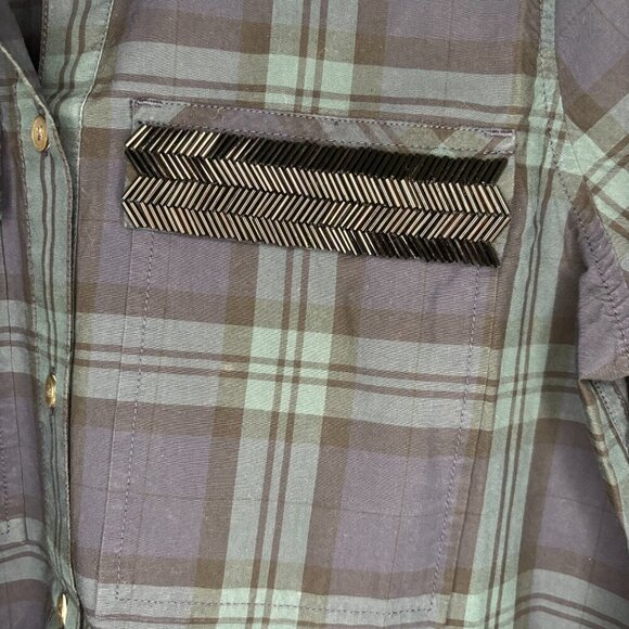 JCREW Beaded Popover Top Women 2 Green Blue Plaid Long Sleeve Flap Pocket - Picture 4 of 5